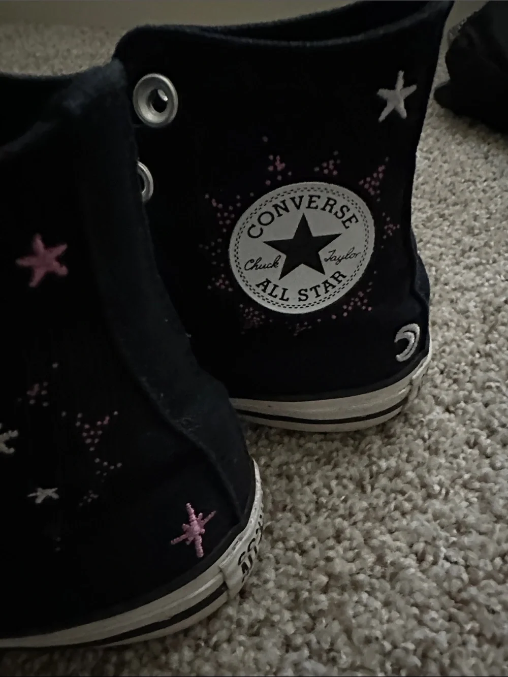 Black High-Top Kids Sneakers with Pink & White Celestial Embroidery